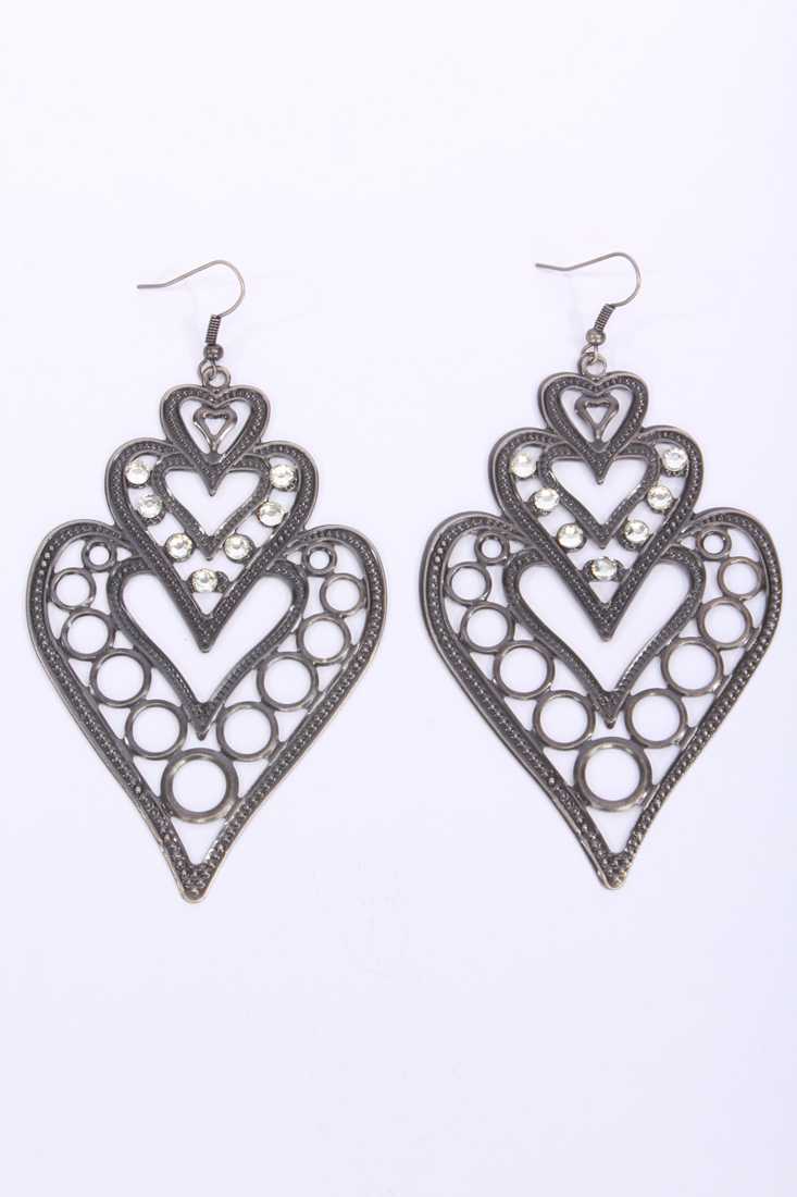 Gunmetal Rhinestone Vintage Heart Shape Dangle Earrings