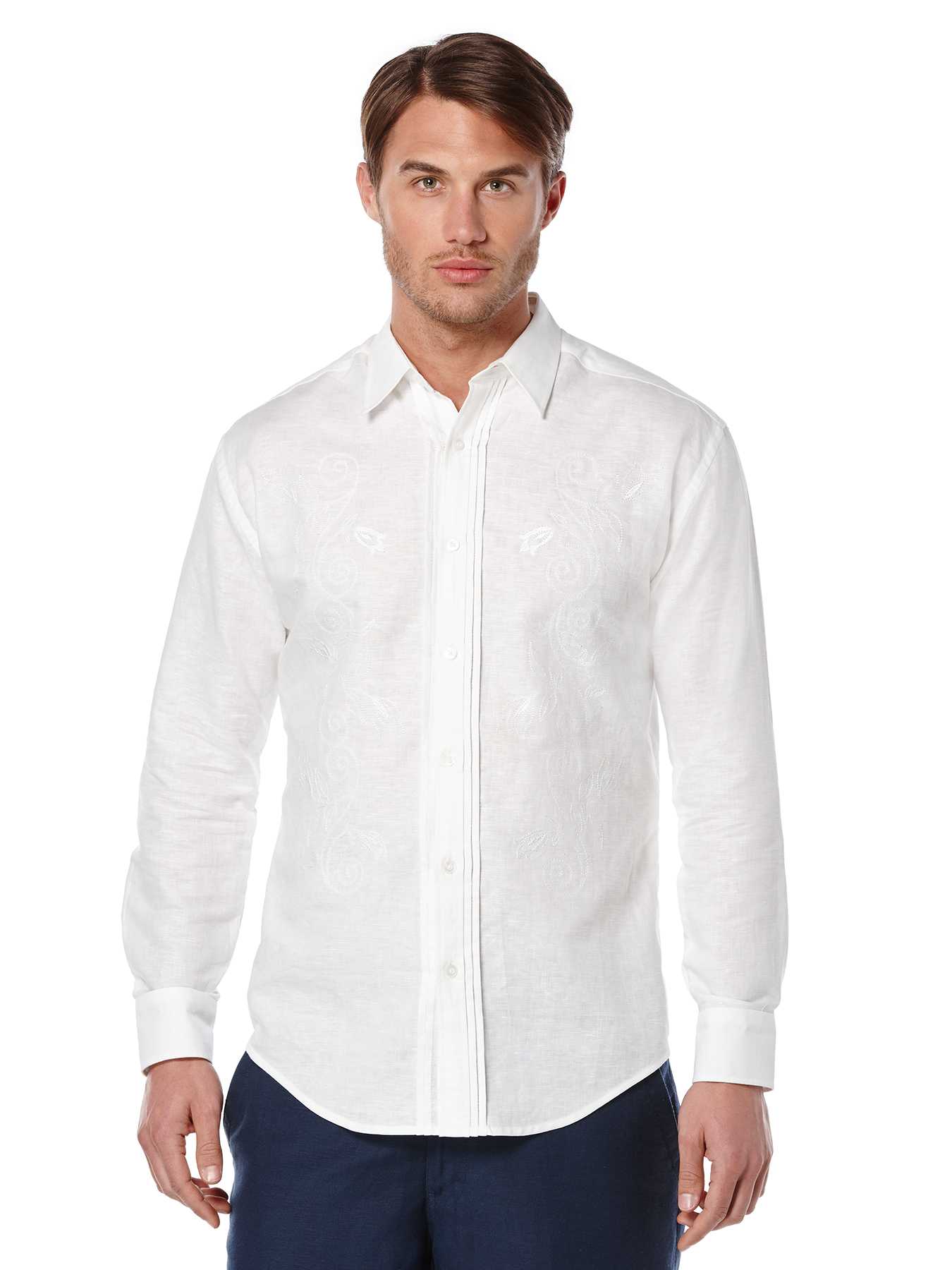 Cubavera Long Sleeve Linen Cotton Tucks Floral With Embroidery