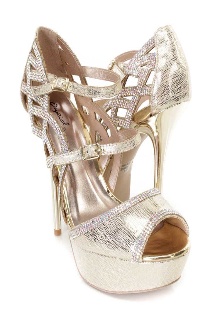 Champagne Rhinestone Decor Platform Heels Faux Leather