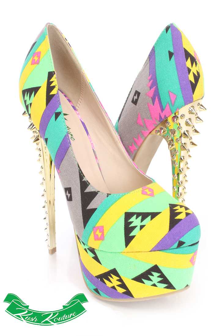 Green Spikey Platform Pump High Heels Canvas