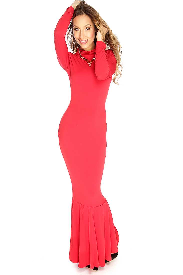 Red Long Sleeves Mermaid Maxi Prom Dress