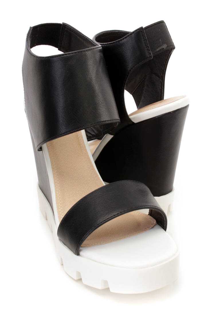 Black Open Toe Strappy Sandal Wedges Faux Leather