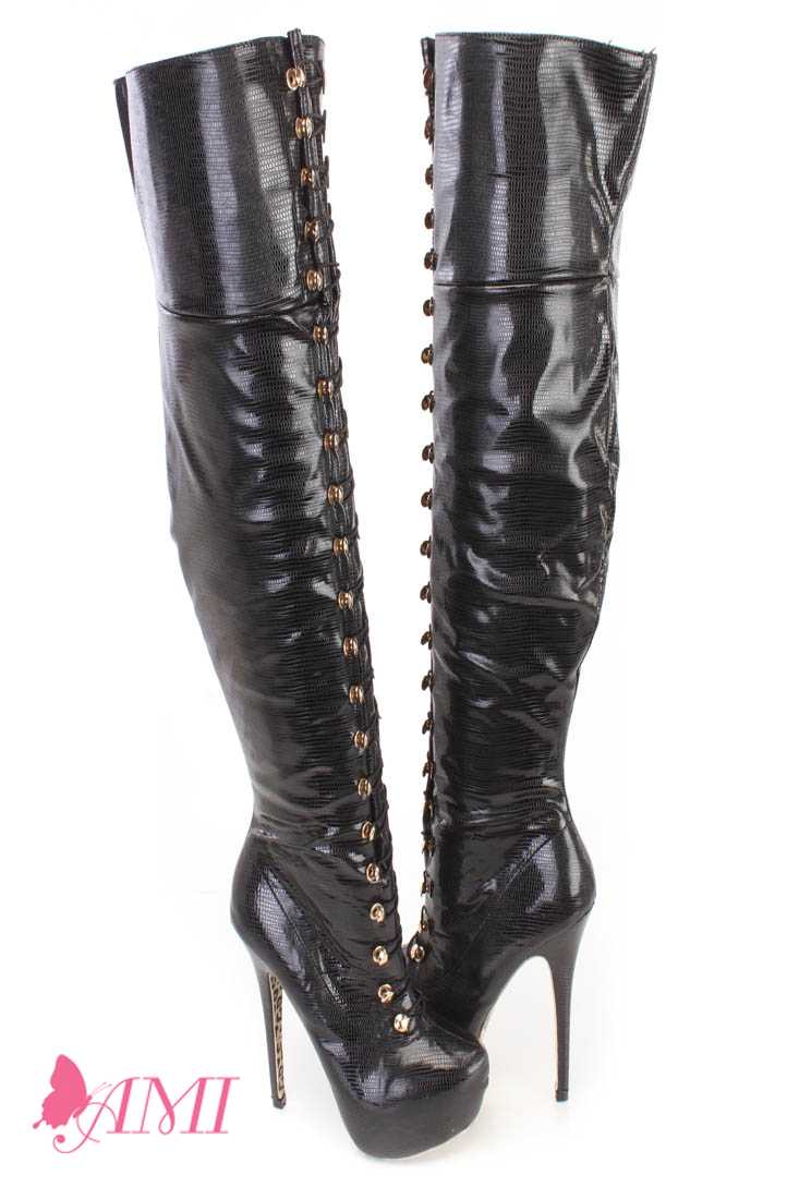 Black Looped Thigh High Platform Boots Snake Faux Leather
