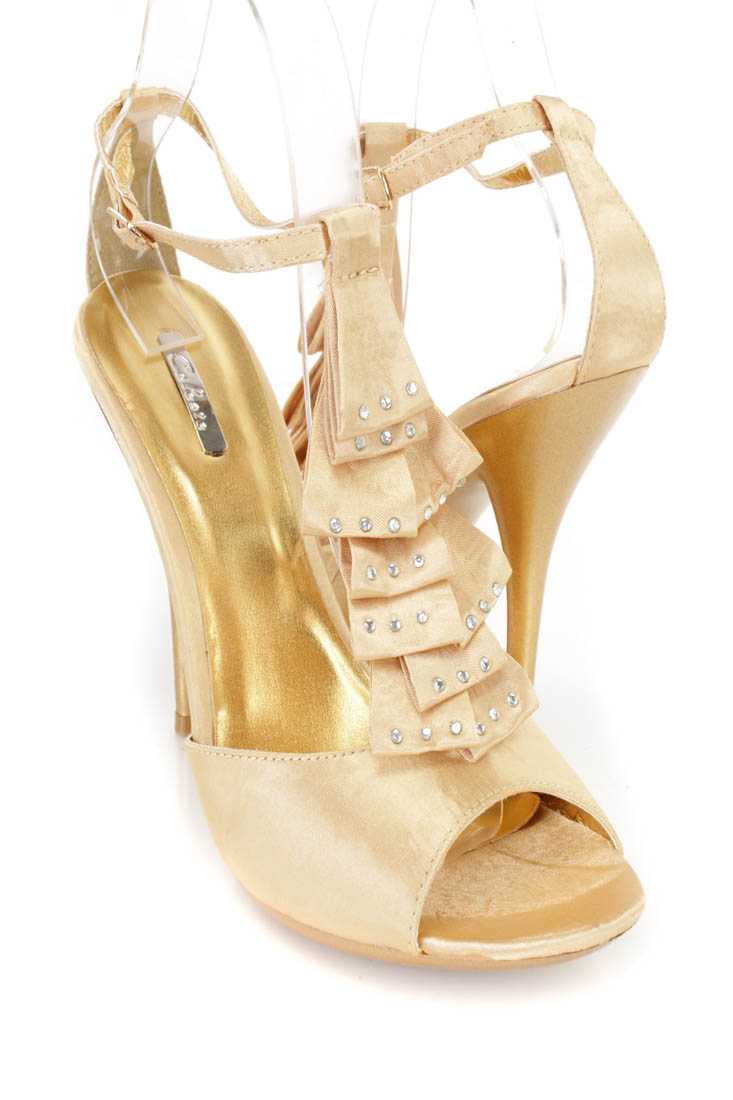 Gold Satin Fabric Pleated Ruffled Strap Open Toe Heels