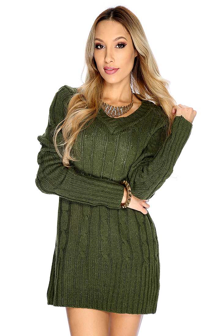Olive V-neck Cable Knitted Long Sleeve Short Sweater Party Dress