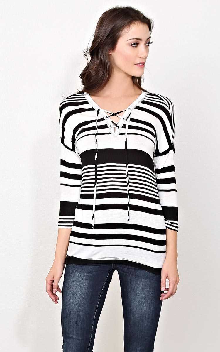 Seeing Double Lace Up Knit Top - - White/Black in Size by Styles For Less