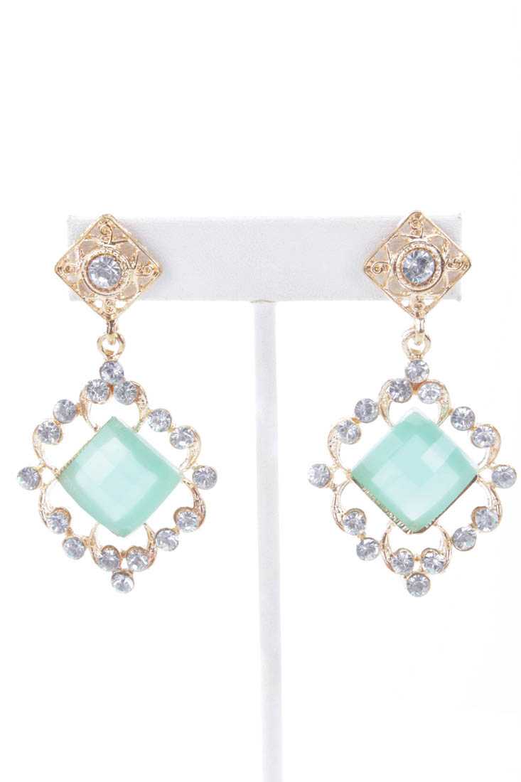 Seagreen Gold High Polish Rhinestone Earrings
