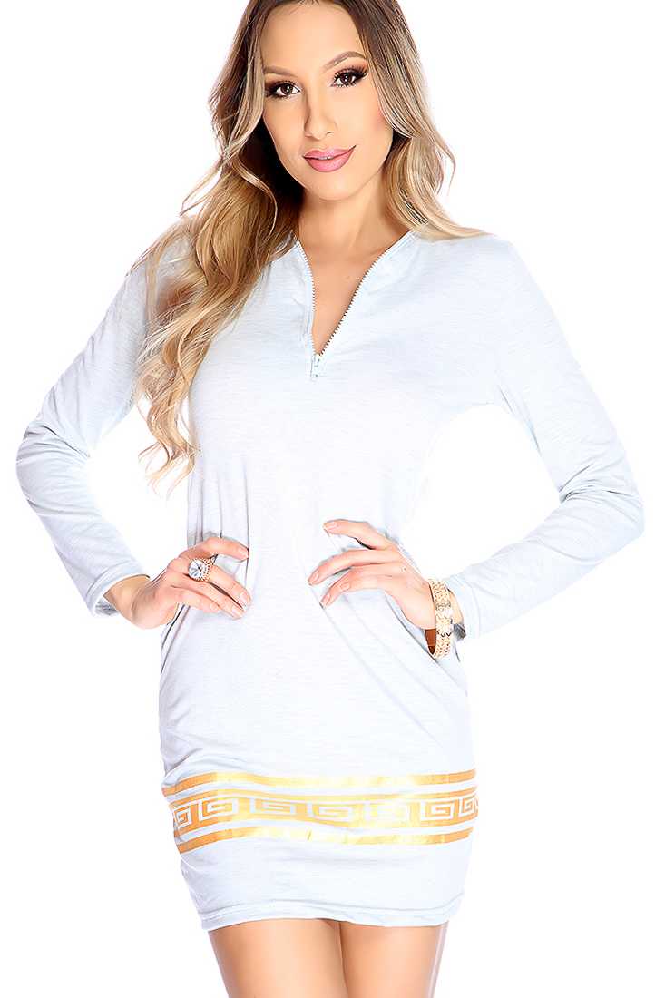 Grey Zip Up Graphic Design Long Sleeve Causal Dress