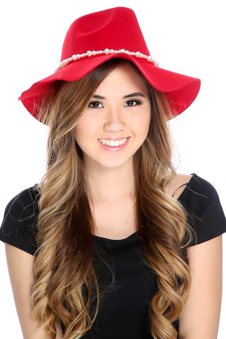 Red Faux Pearl Trim Fabric Floppy Hat