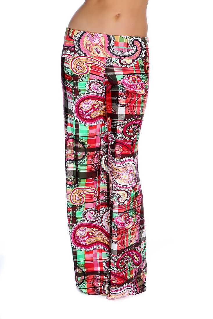 Fuchsia Green Paisley Print Palazzo Pants