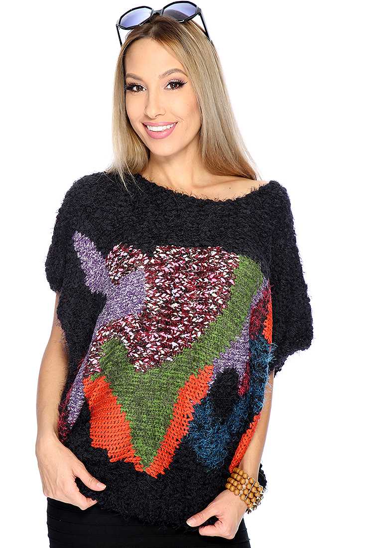 Cute Black Short Sleeve Geometric Print Causal Sweater Top