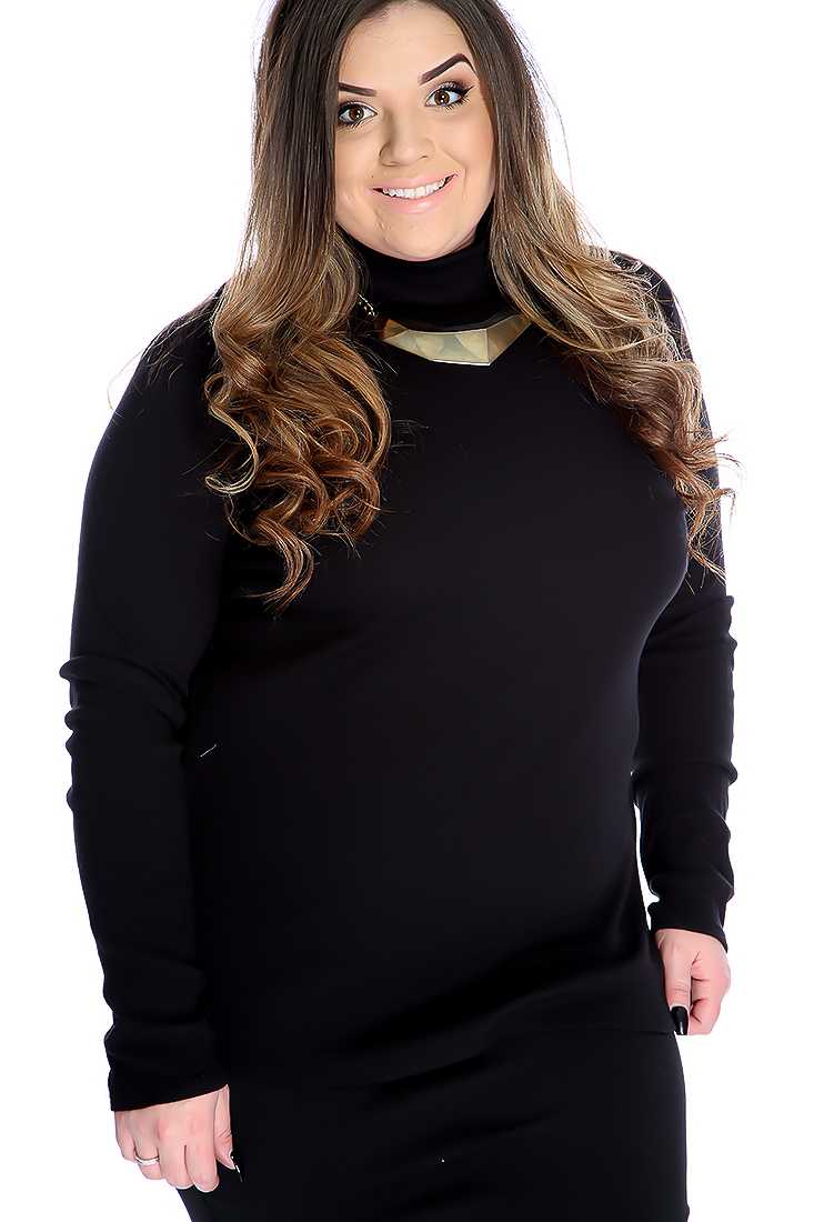 Black Ribbed Turtle Neck Casual Plus Size Top