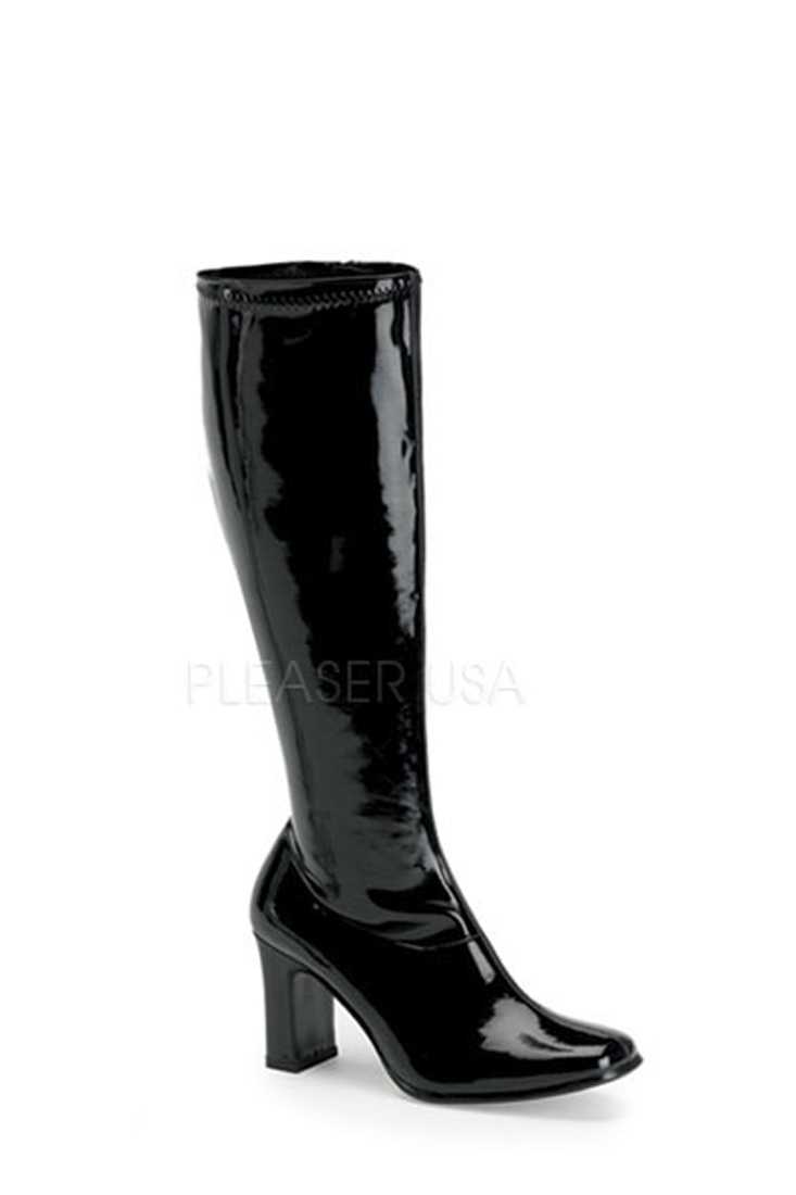 Black Chunky Heel GoGo Boots Patent Faux Leather