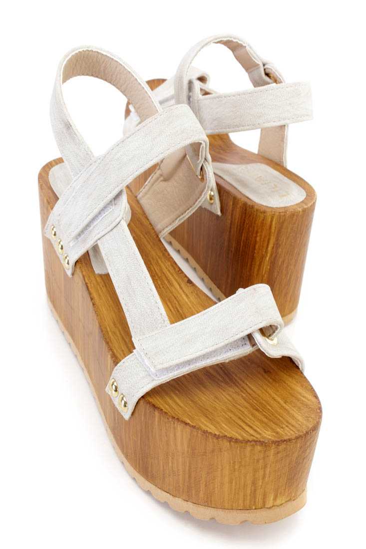 Light Grey Strappy Platform Sandal Wedges Faux Leather