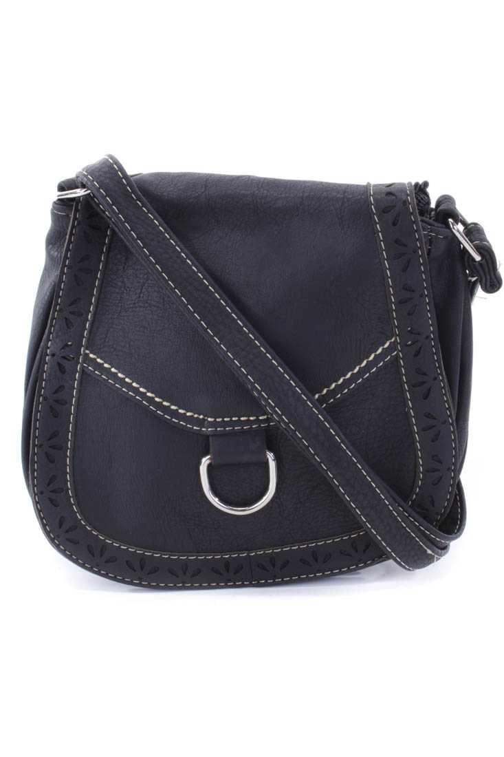 Black Faux Leather Perforated Shoulder Handbag