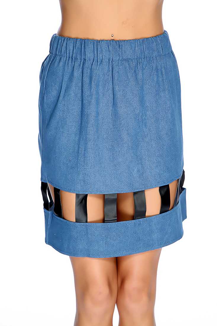 Denim Faux Leather Strappy Cutout Mini Skirt