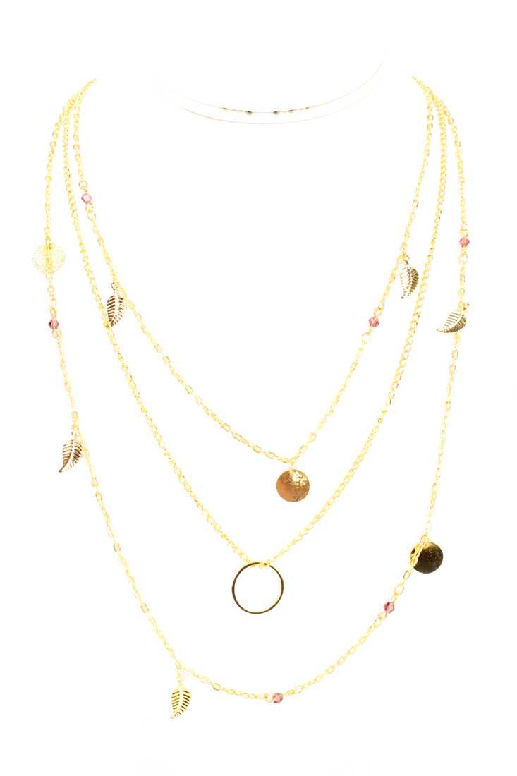 Gold Feather Design Beaded Accent Layered Necklace