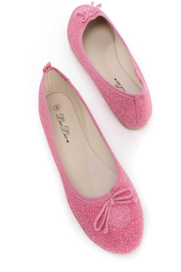Pink Bow Tie Closed Toe Ballet Flats Shimmer Fabric