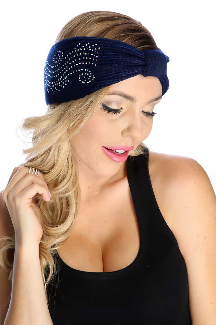 Navy Knitted Rhinestone Design Head Wrap