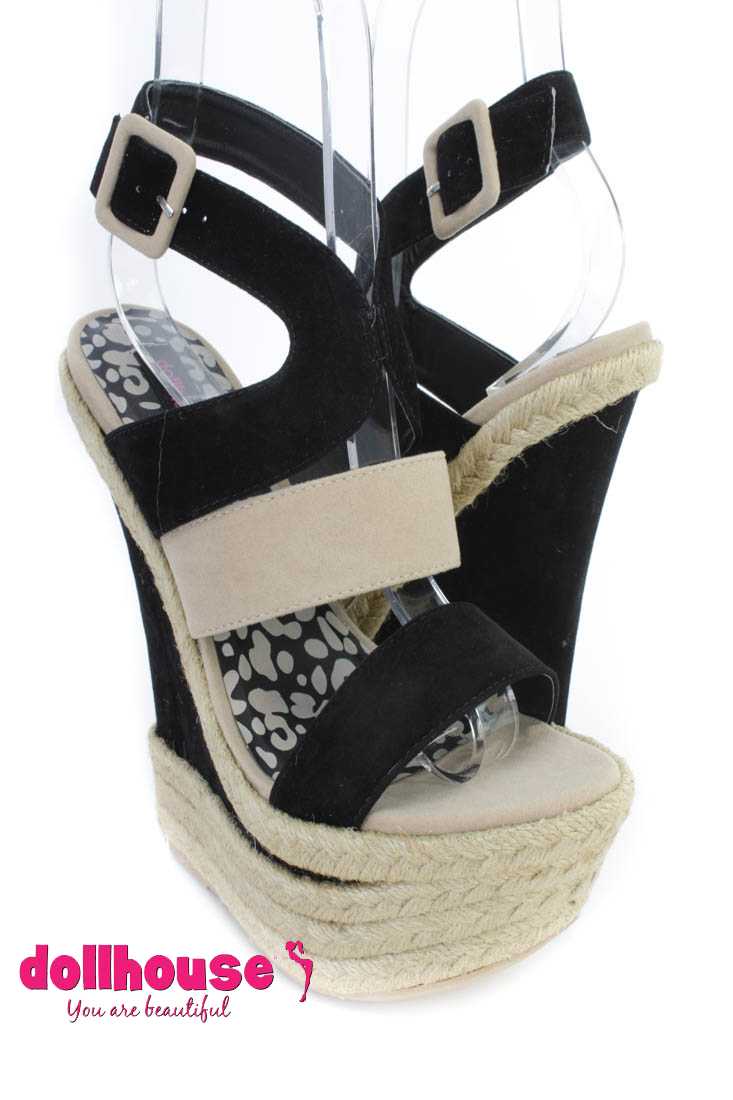 Black Strappy Cut Out Espadrille Wedges Faux Suede