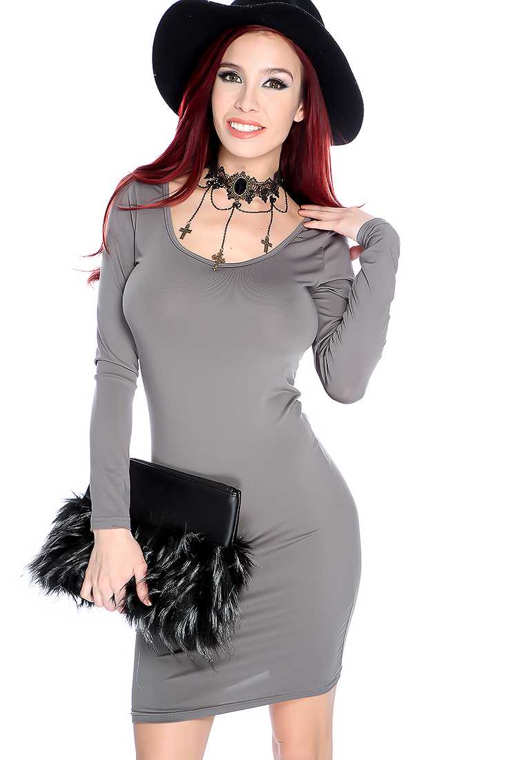 Sexy Grey Long Sleeve Scoop Neck Casual Dress