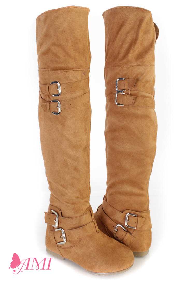 Camel Buckle Accents Thigh High Flat Boots Faux Suede