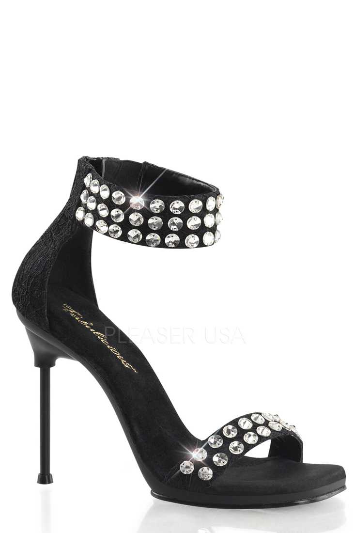 Black Satin Lace Faceted Beaded Strap Sandal High Heels