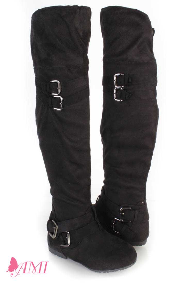 Black Buckle Accents Thigh High Flat Boots Faux Suede