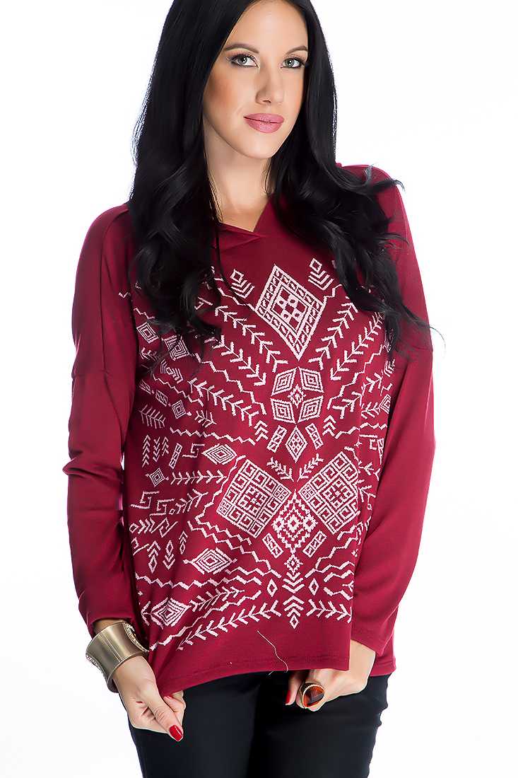 Burgundy Tribal Print Hooded Sweater
