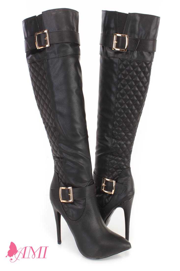 Black Print Single Sole High Heel Boots Faux Leather
