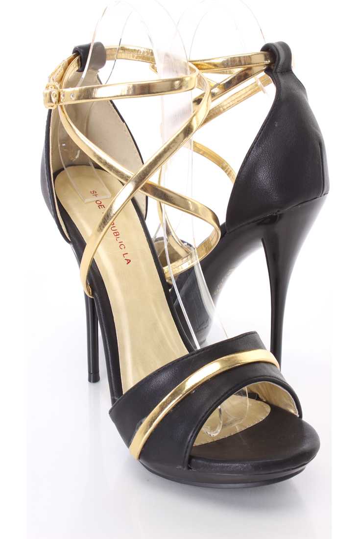 Black Metallic Strappy Peep Toe High Heels Faux Leather