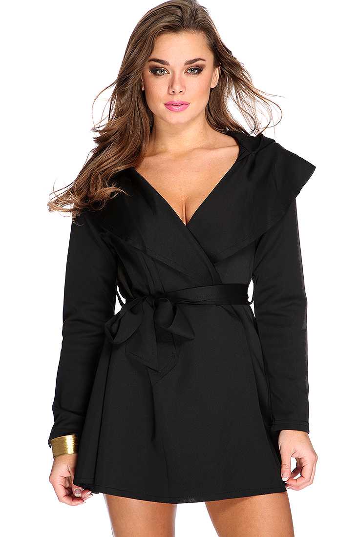 Black Waist Tie Pea Coat Outerwear