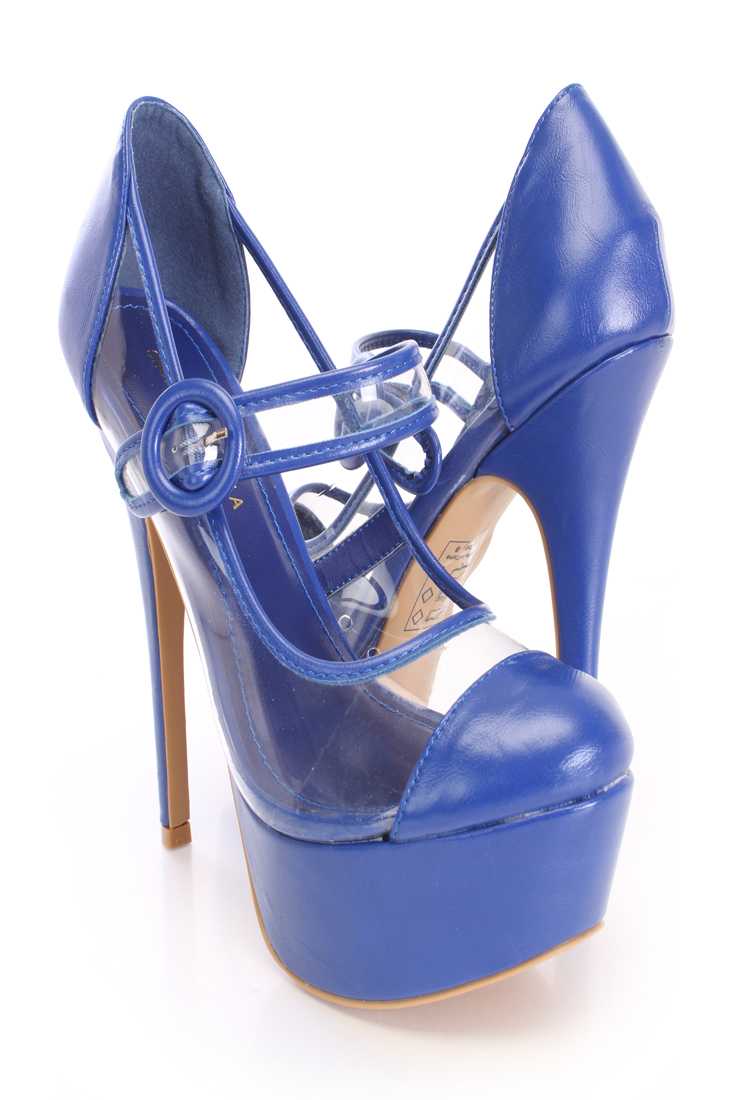 Blue Maryjane Style High Heels Faux Leather