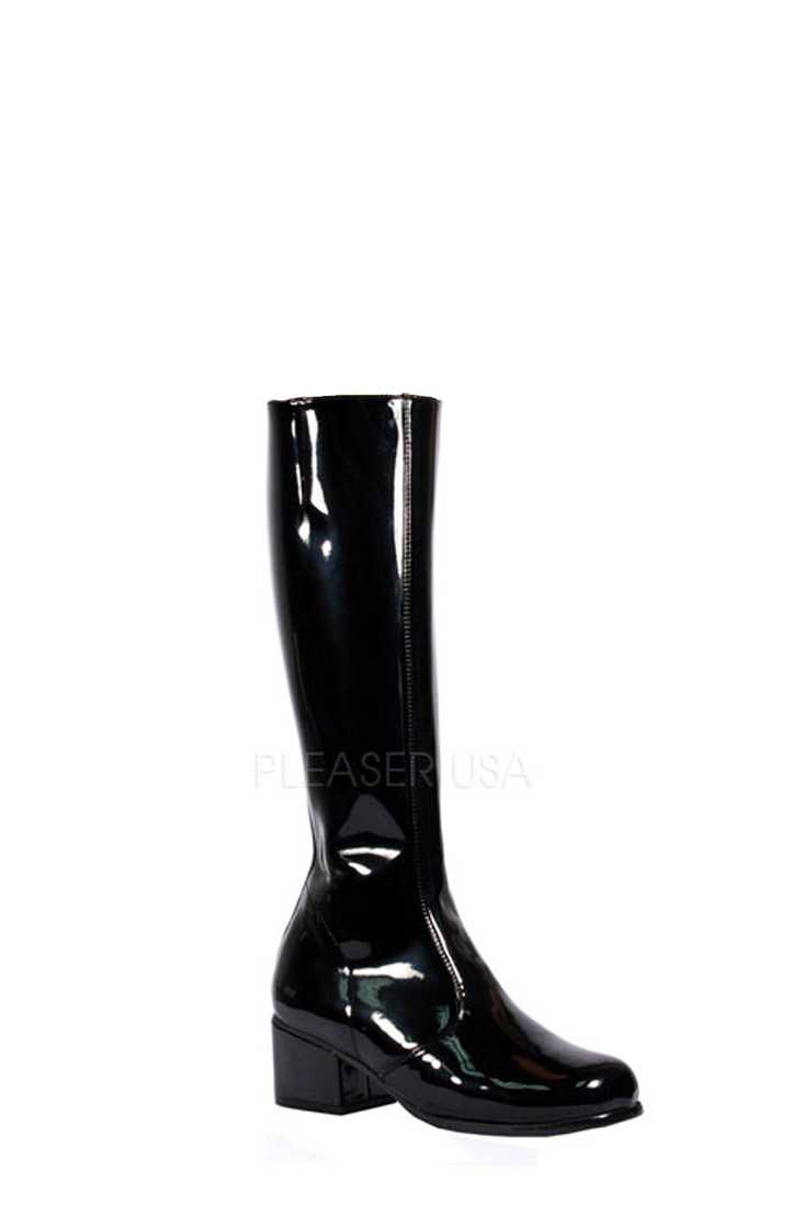 Black Chunky Heel GoGo Boots Patent Faux Leather