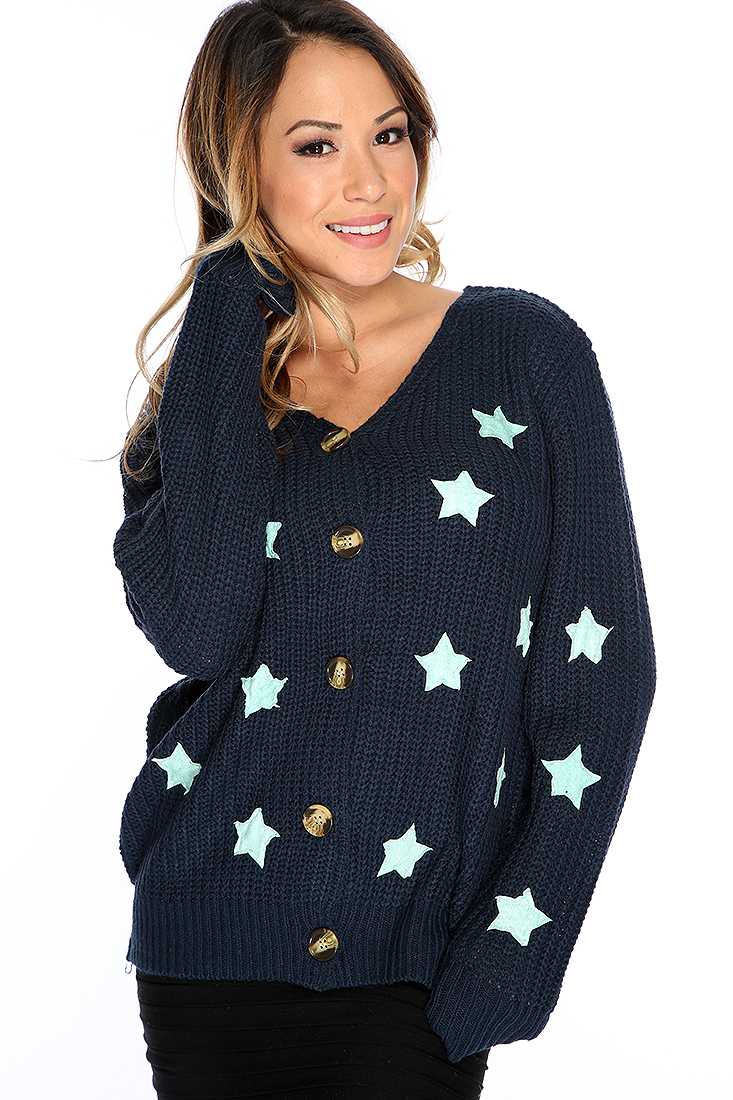 Casual Cute Navy Star Patches Decor Knitted Oversize Sweater