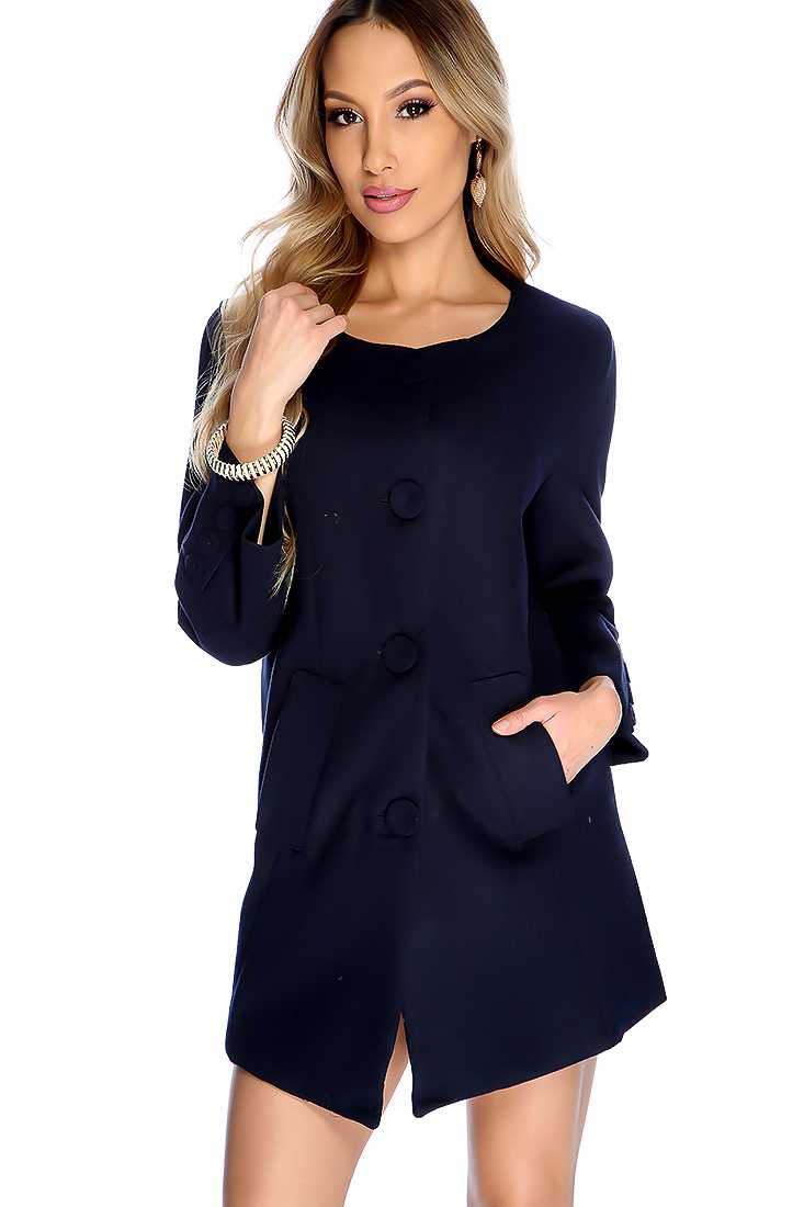 Navy Long Sleeve Button Detailed Coat