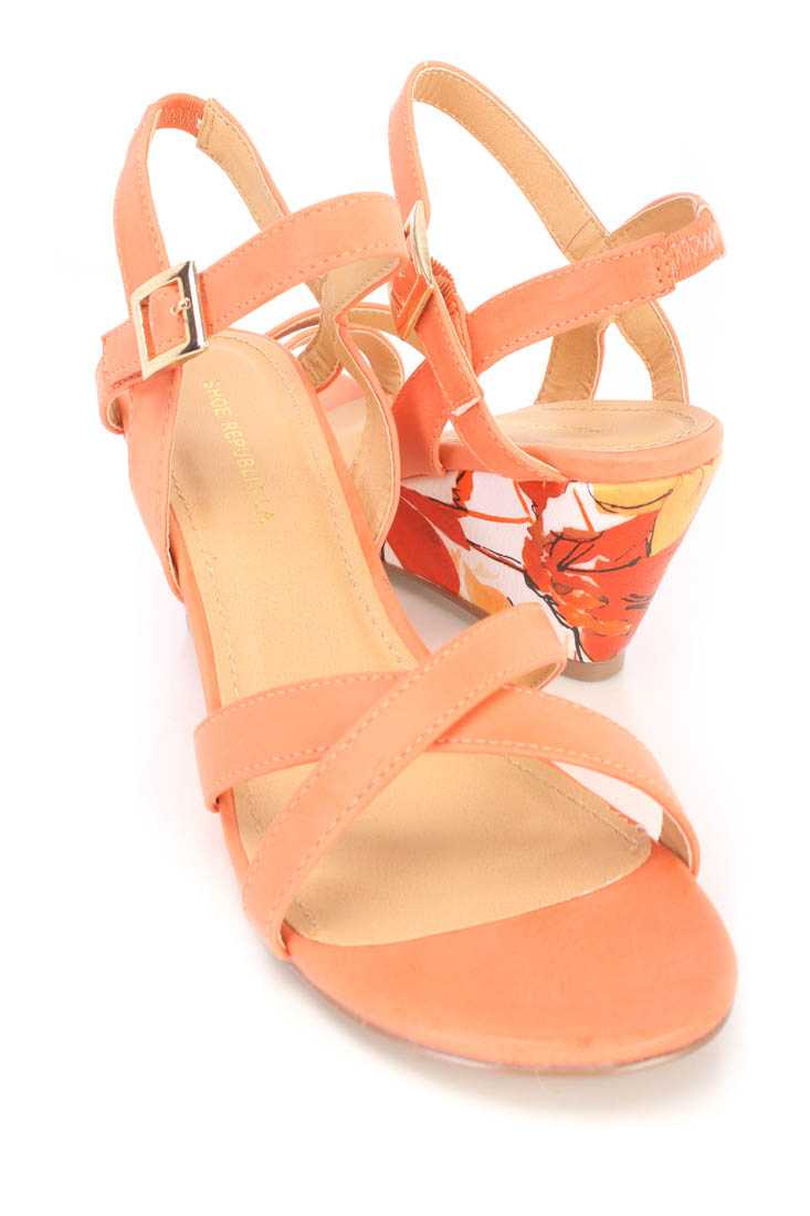 Peach Open Toe Floral Wedges Faux Leather