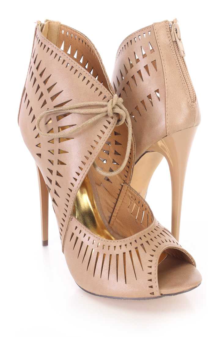 Nude Perforated Peep Toe Ankle Booties Faux Leather
