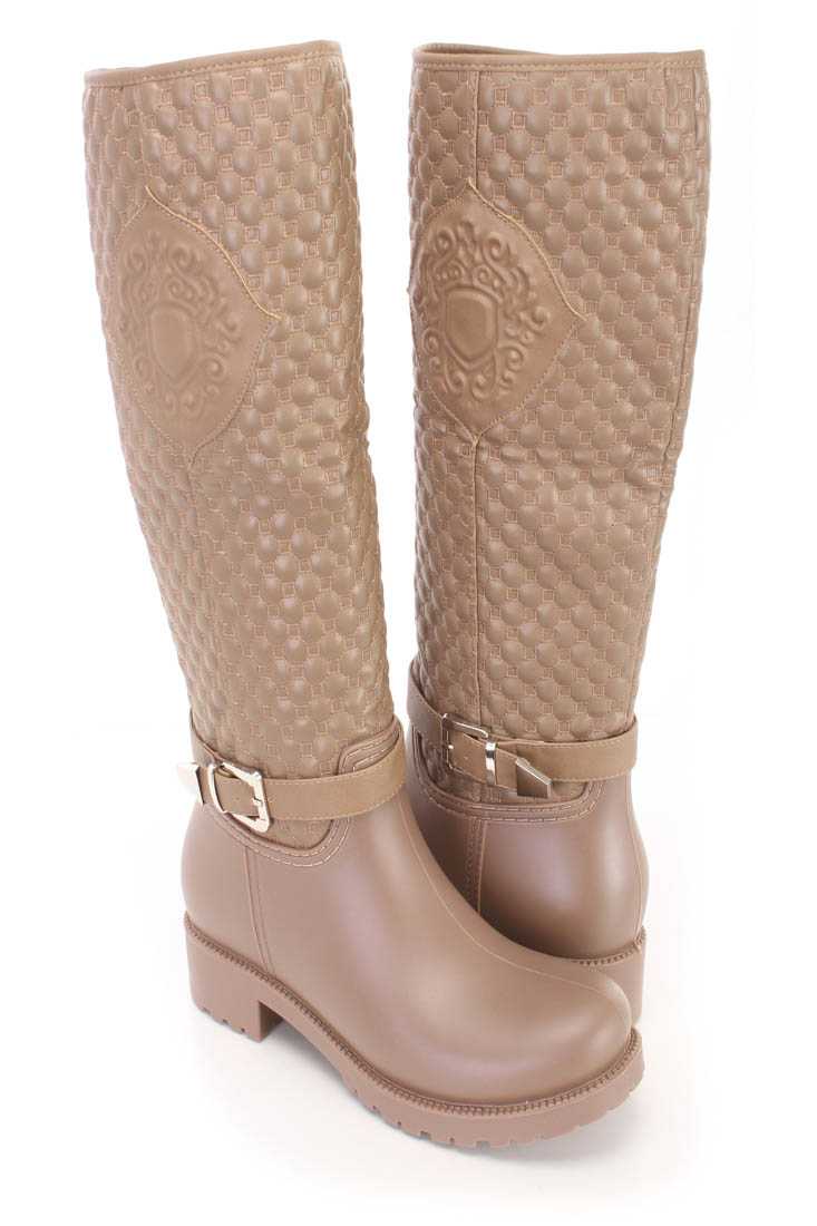 Taupe Stitched Quilted Riding Boots Faux Leather