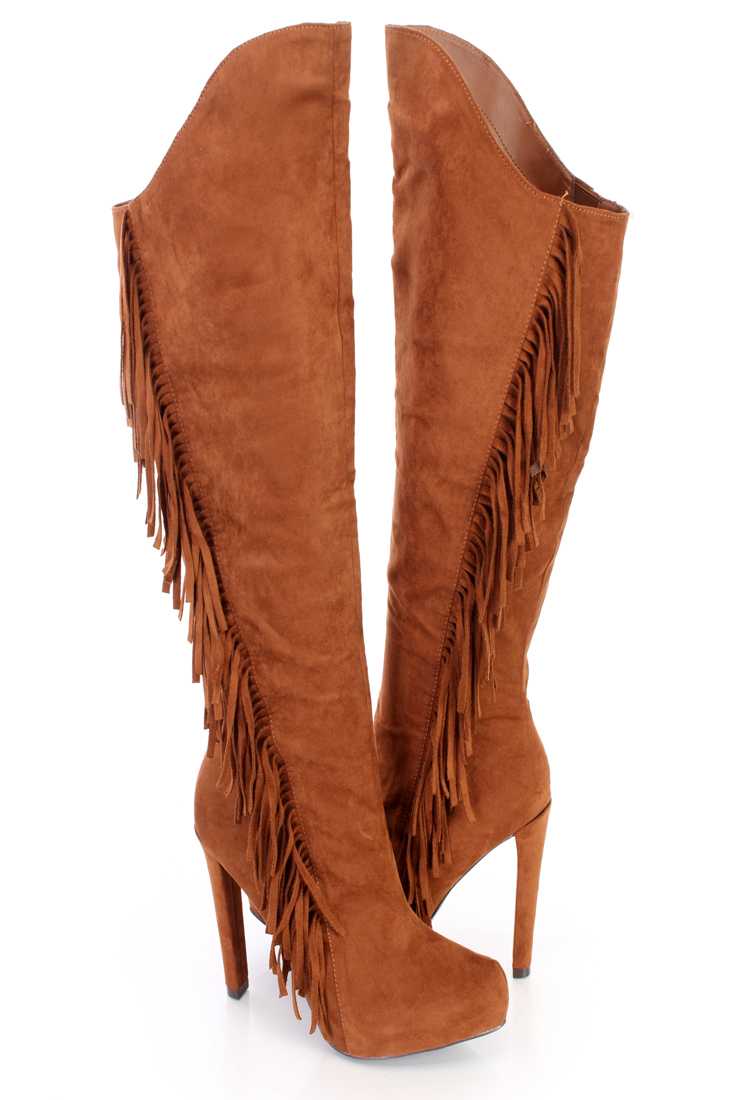 Dark Rust Fringe Knee High Heel Boots Faux Suede