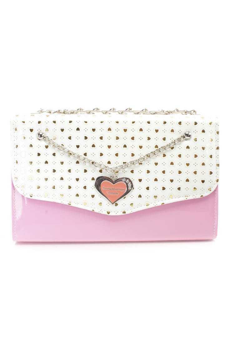 Pink Metallic Heart Print Faux Leather Handbag