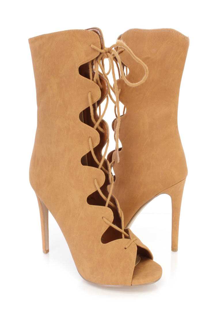 Tan Lace Up Tie Single Sole High Heel Boots Nubuck