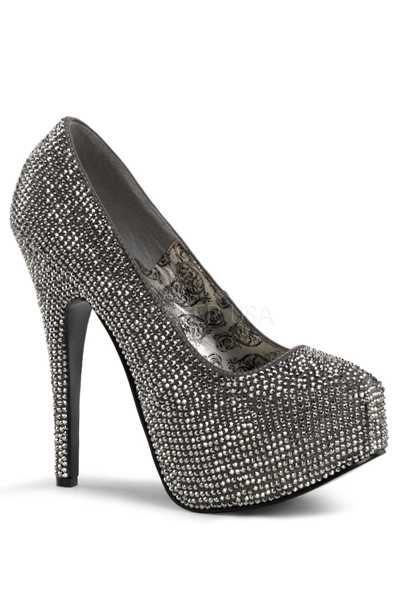 Dark Grey Wide Satin Rhinestone Platform Pump High Heels