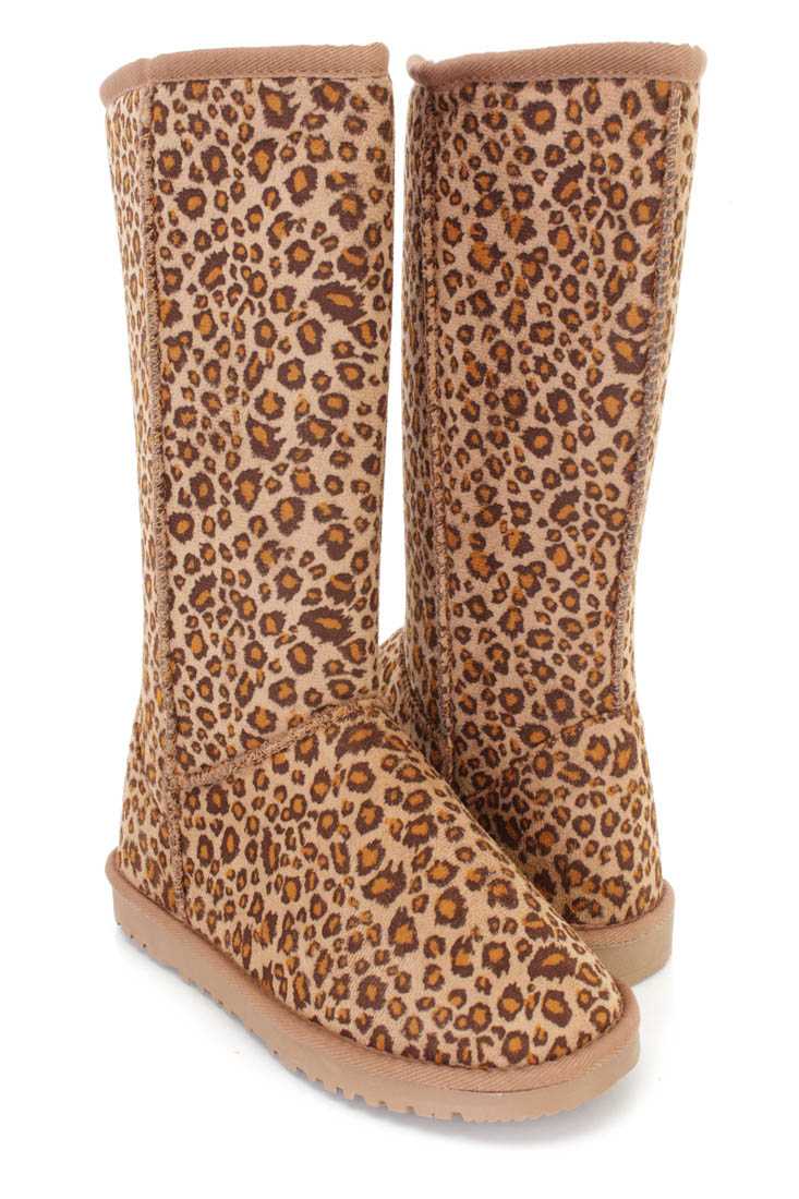 Leopard Print Slip On Casual Comfy Boots Faux Suede