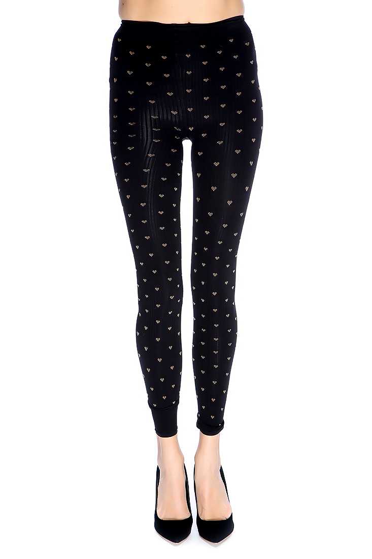 Black Textured Heart Pattern Leggings