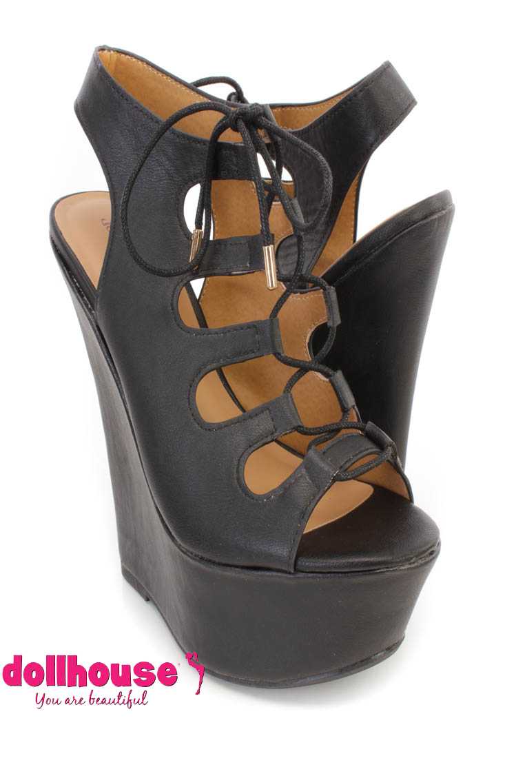 Black Lace Up Peep Toe Platform Wedges Faux Leather