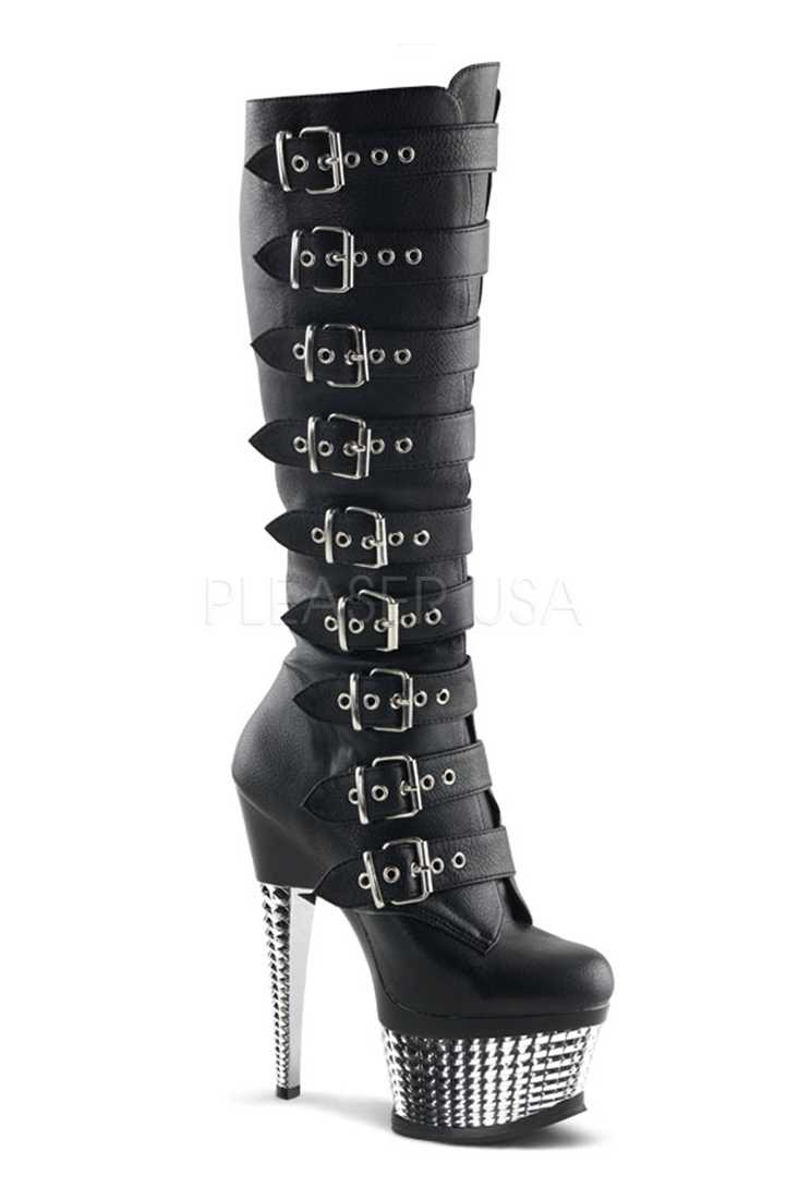 Black Multi Buckled Strap Knee Platform Boots Faux Leather