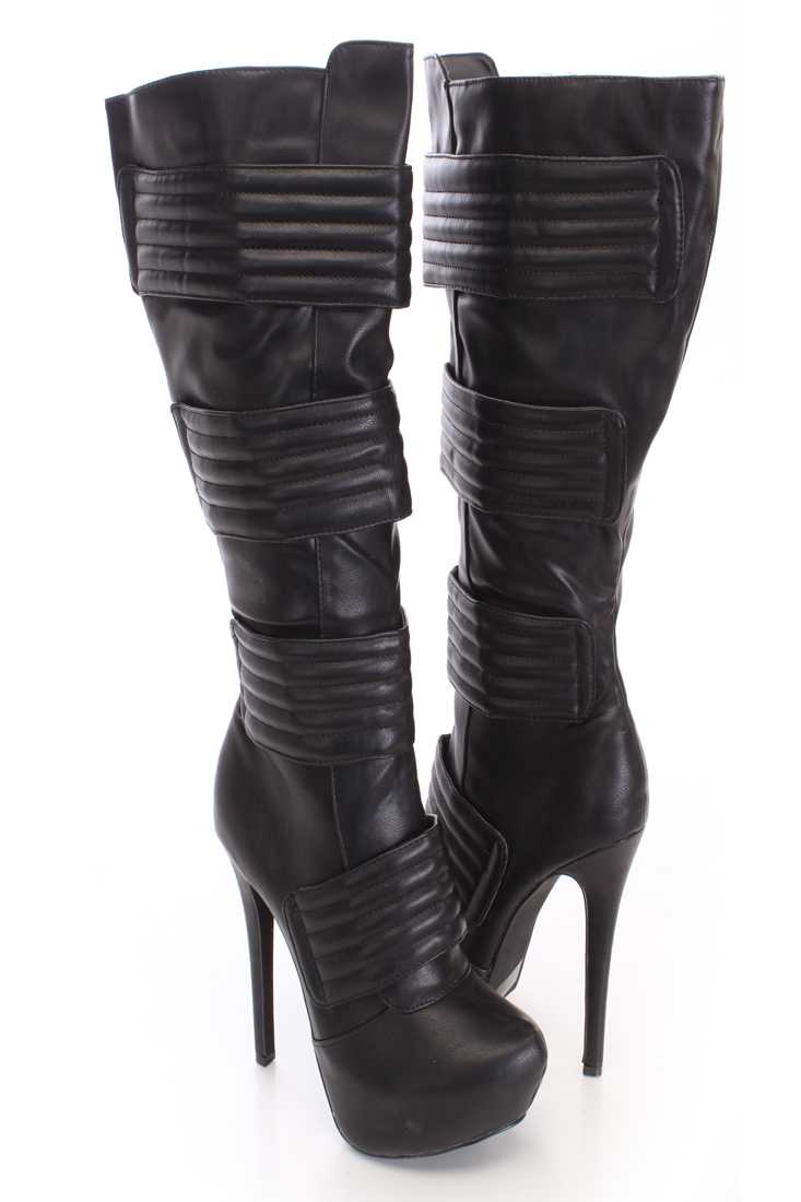 Black Strappy High Heel Boots Faux Leather