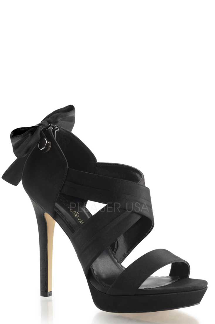 Black Criss Cross Bow Accent High Heels Satin