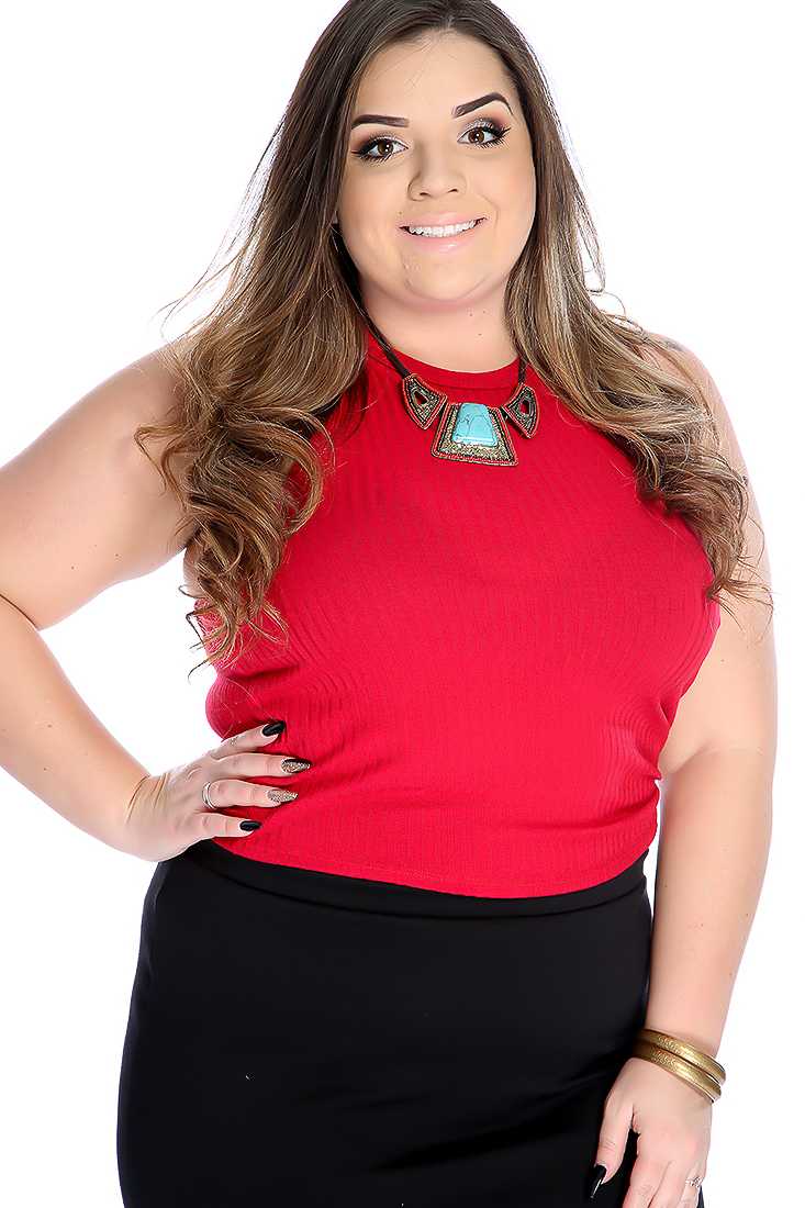 Red Ribbed Sleeveless Plus Size Crop Top